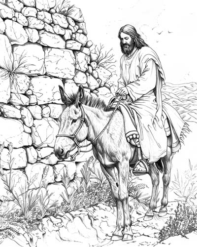coloring page of Jesus riding by the walls of Jerusalem