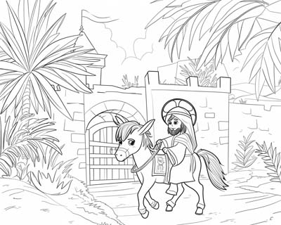 coloring page of Jesus riding by the gates of Jerusalem