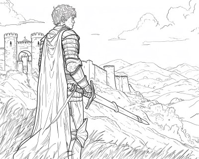coloring page of young King Arthur approaching Camelot
