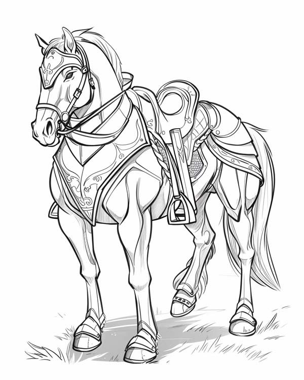 coloring page of an armored horse