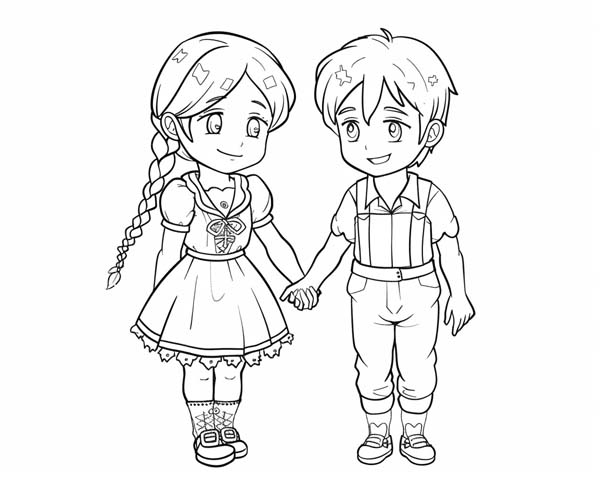 coloring page of Hansel and Gretel holding hands