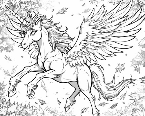 coloring page of a autumn alicorn with falling leaves