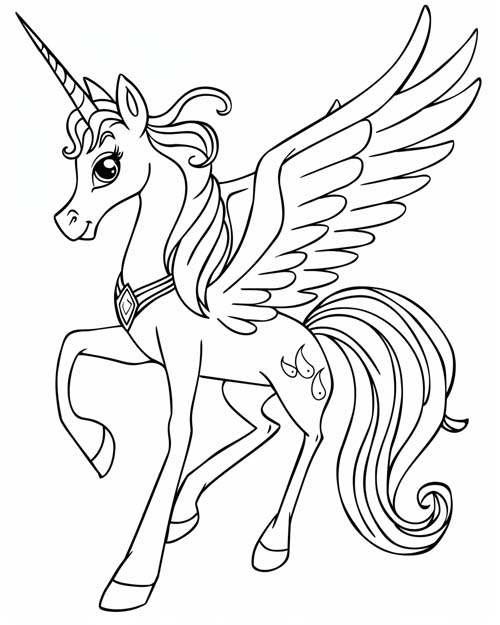 simple, cartoon coloring page of an elegant alicorn