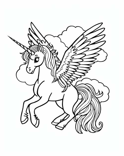 cartoon coloring page of a flying winged unicorn