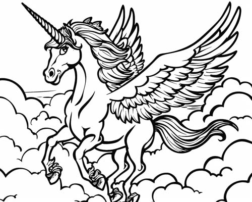 coloring page of a flying winged unicorn