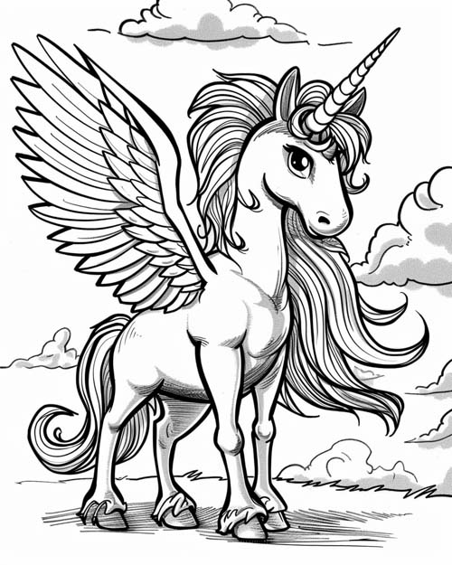 coloring page of a winged unicorn with a long mane