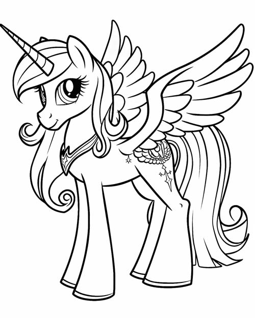 cartoon coloring page of a My Little Pony style alicorn