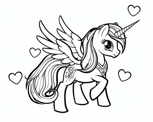 cartoon coloring page of a My Little Pony style alicorn