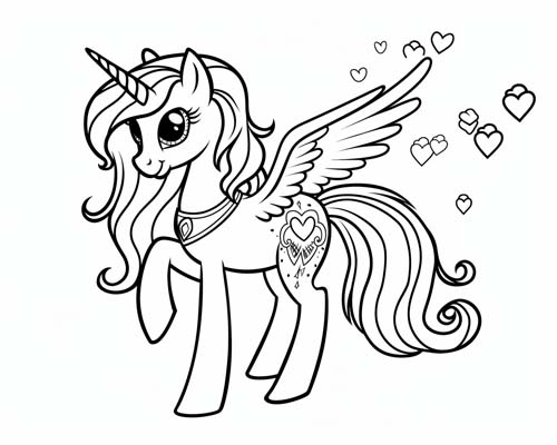 cartoon coloring page of a My Little Pony style alicorn