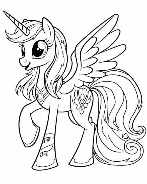 cartoon coloring page of a My Little Pony style alicorn