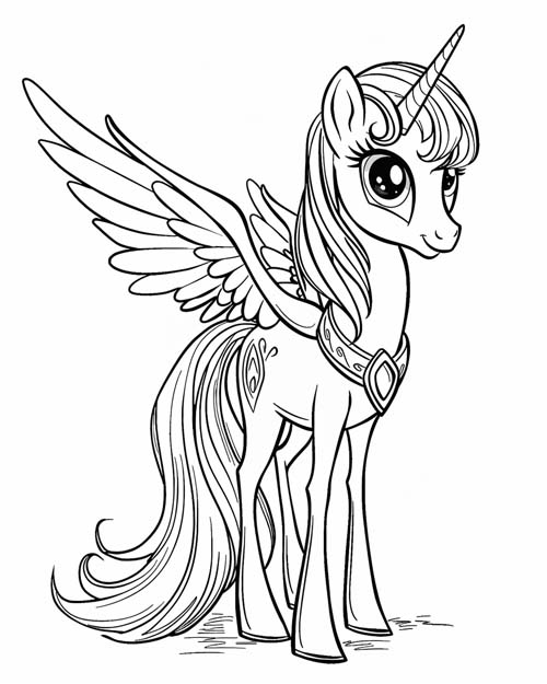 cartoon coloring page of a My Little Pony style alicorn