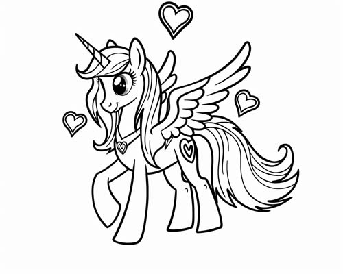cartoon coloring page of a My Little Pony style alicorn