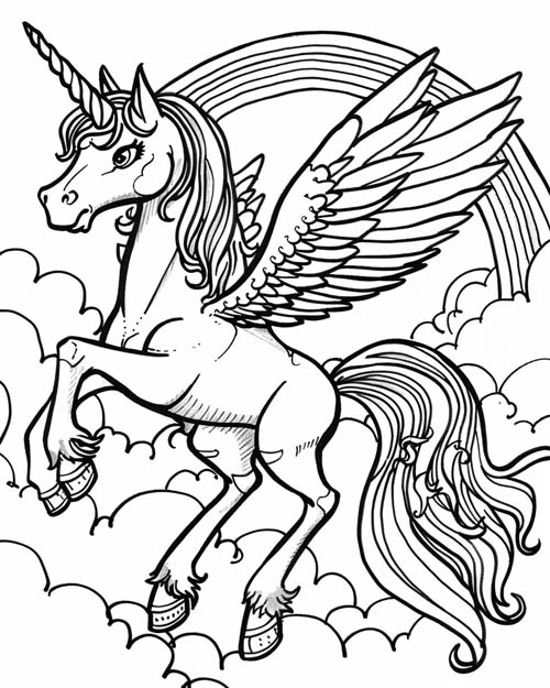 coloring page of an alicorn and a rainbow