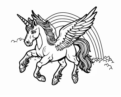 coloring page of an alicorn and a rainbow