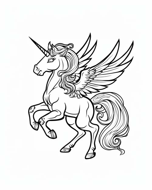 coloring page of an alicorn rearing