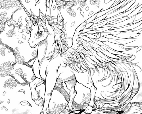 coloring page of a spring alicorn with cherry blossoms
