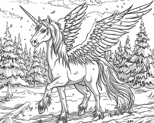 coloring page of a winter alicorn in a snowy landscape
