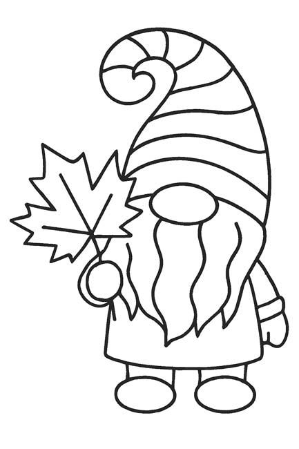 easy preschool coloring page of a cute gnome holding an autumn leaf