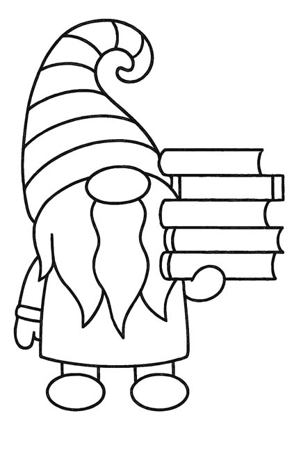 easy preschool coloring page of a cute gnome holding a stack of books