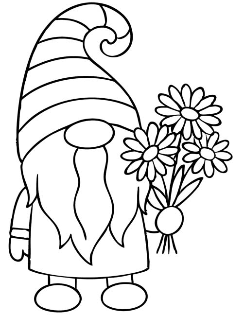 easy preschool coloring page of a cute gnome holding a summer bouquet