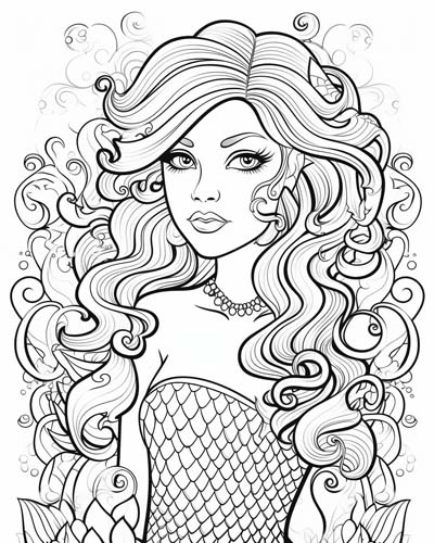 coloring page of a mermaid with beautiful curly hair 