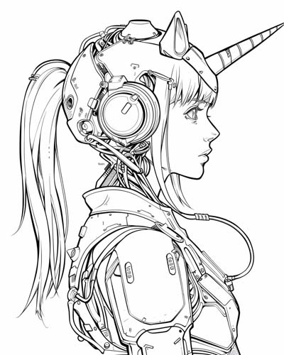 coloring page of a cyborg unicorn