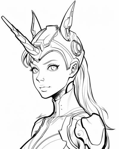 coloring page of a cyborg unicorn girl