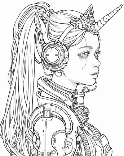 coloring page of a cyborg unicorn