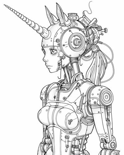 coloring page of a cyborg unicorn