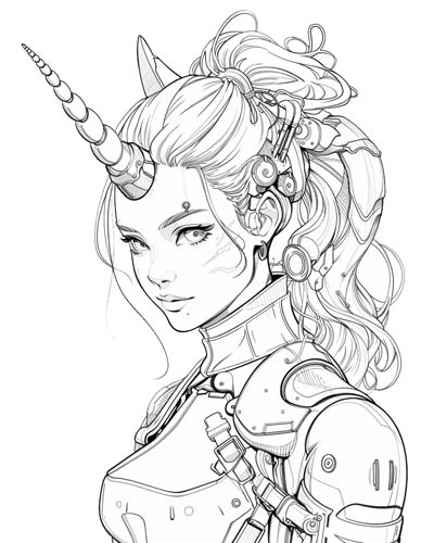 coloring page of a cyborg unicorn