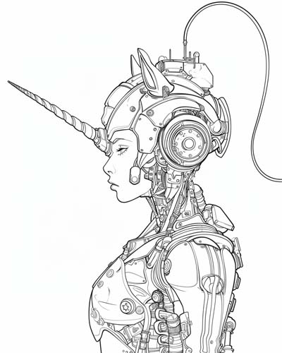 coloring page of a cyborg unicorn
