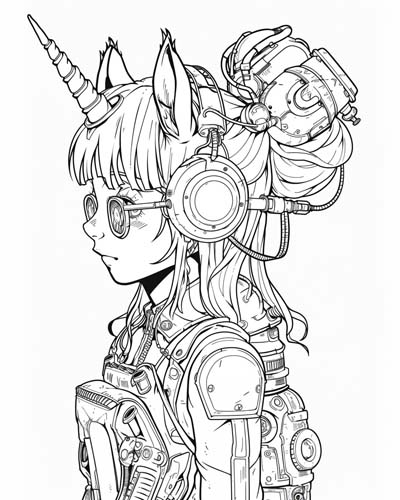 coloring page of a cyborg unicorn