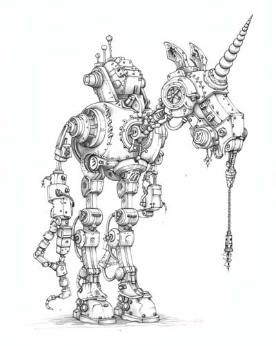 coloring page of a robot unicorn