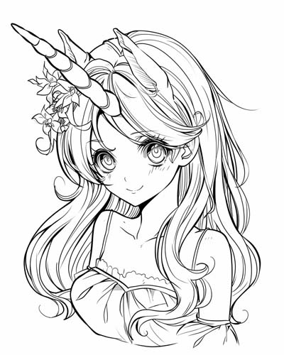 coloring page of a girl with a unicorn horn