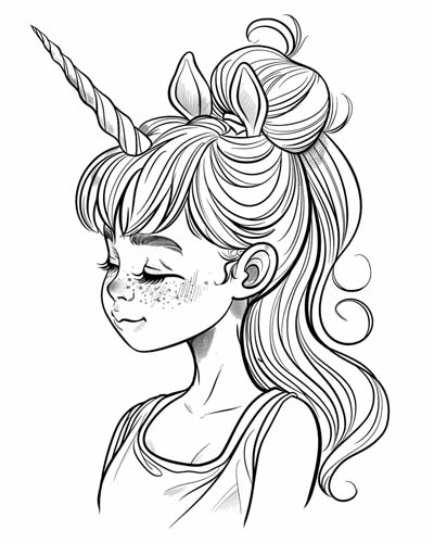 coloring page of a girl with a unicorn horn