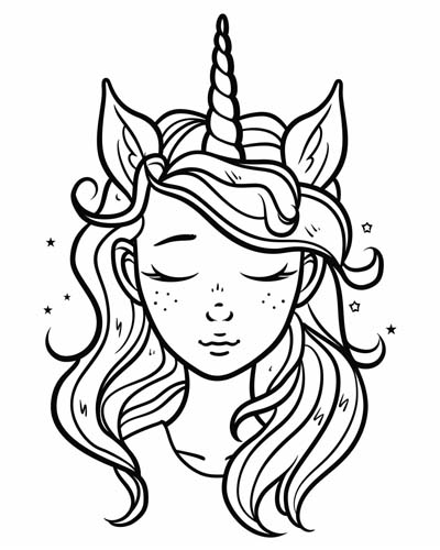 coloring page of a girl with a unicorn horn
