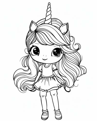 coloring page of a girl with a unicorn horn