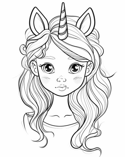 coloring page of a girl with a unicorn horn