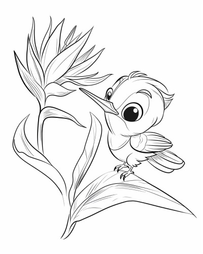 coloring page of a hummingbird and a bird of paradise