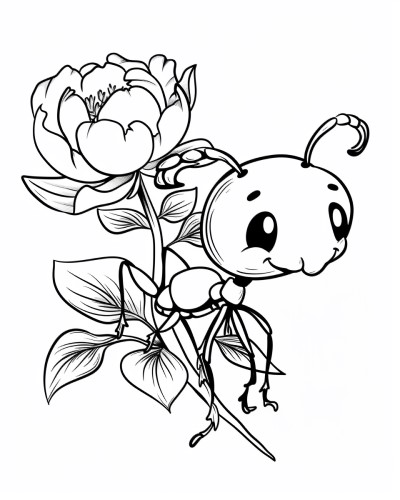 coloring page of a cute ant on a peony