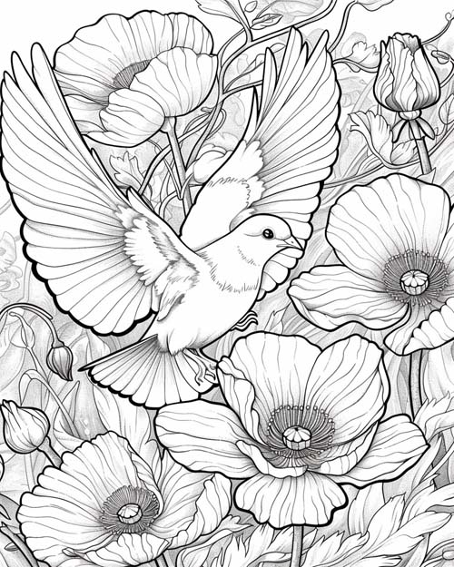 coloring page of a dove in a poppy field