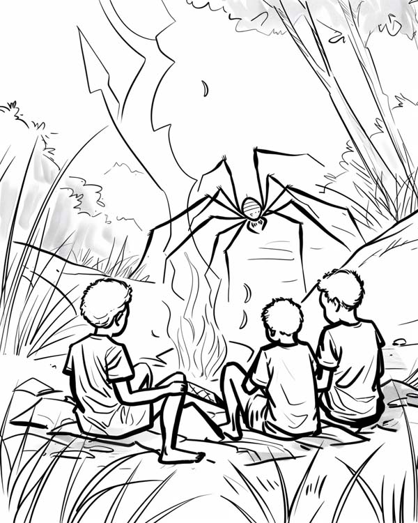 African folklore coloring page of Anansi telling stories