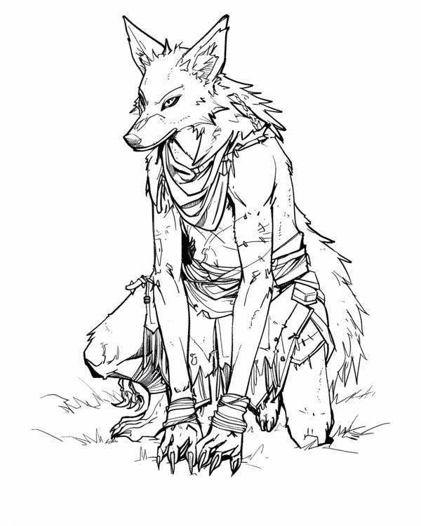 Native American folklore coloring page of half human coyote 