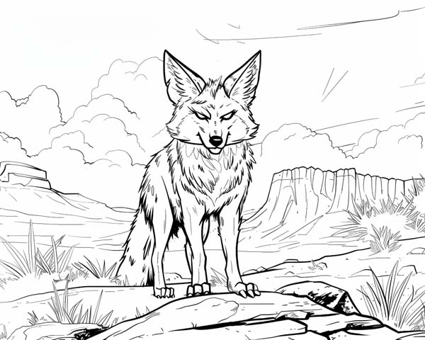 Native American folklore coloring page of coyote travelling across the land