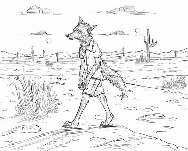 Native American folklore coloring page of coyote walking on his hind legs through the desert