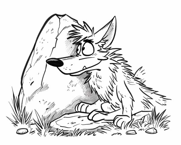 cartoon coloring page of coyote hiding
