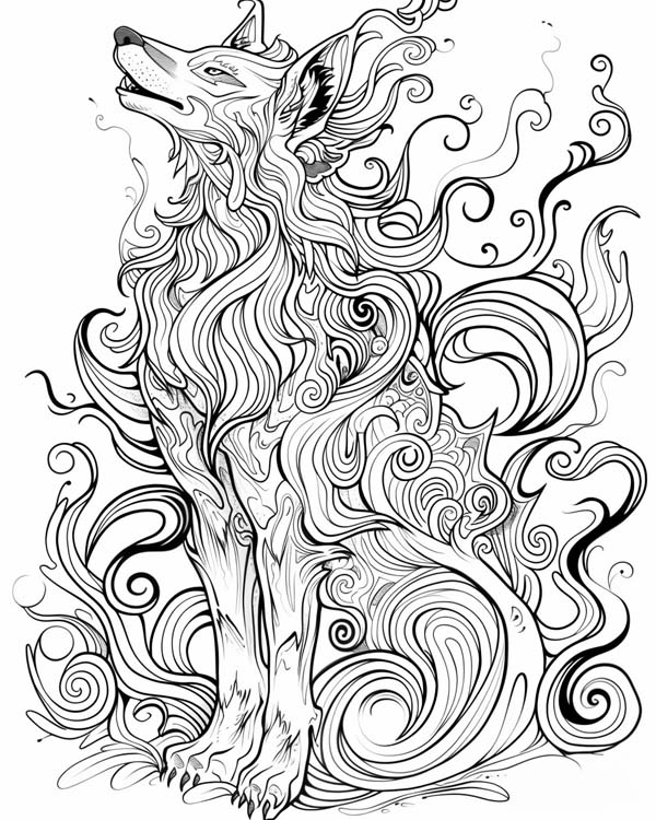 Native American folklore coloring page of coyote surrounded by magic