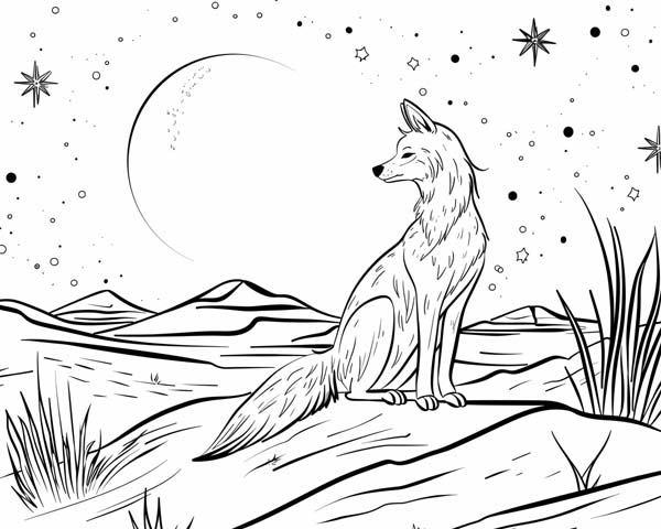 Native American folklore coloring page of coyote watching the stars