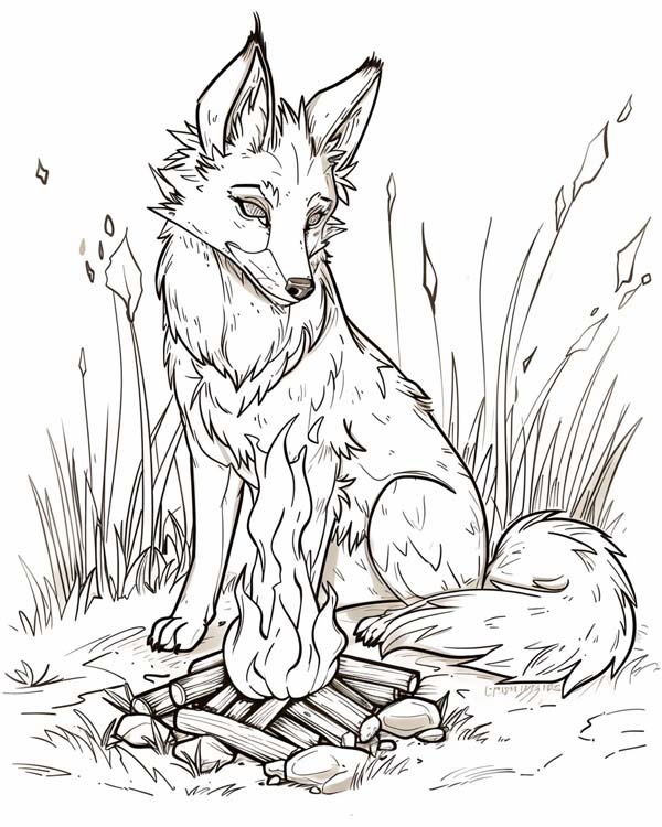 Native American folklore coloring page of coyote watching the fire