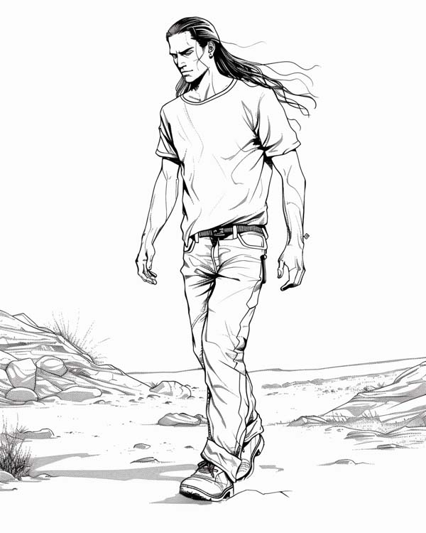 Native American folklore coloring page of coyote as a man
